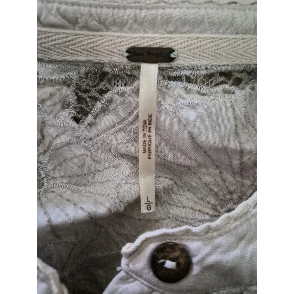 Free People Easy Breezy Henley-Floral Applique Beige Long Sleeve Top L